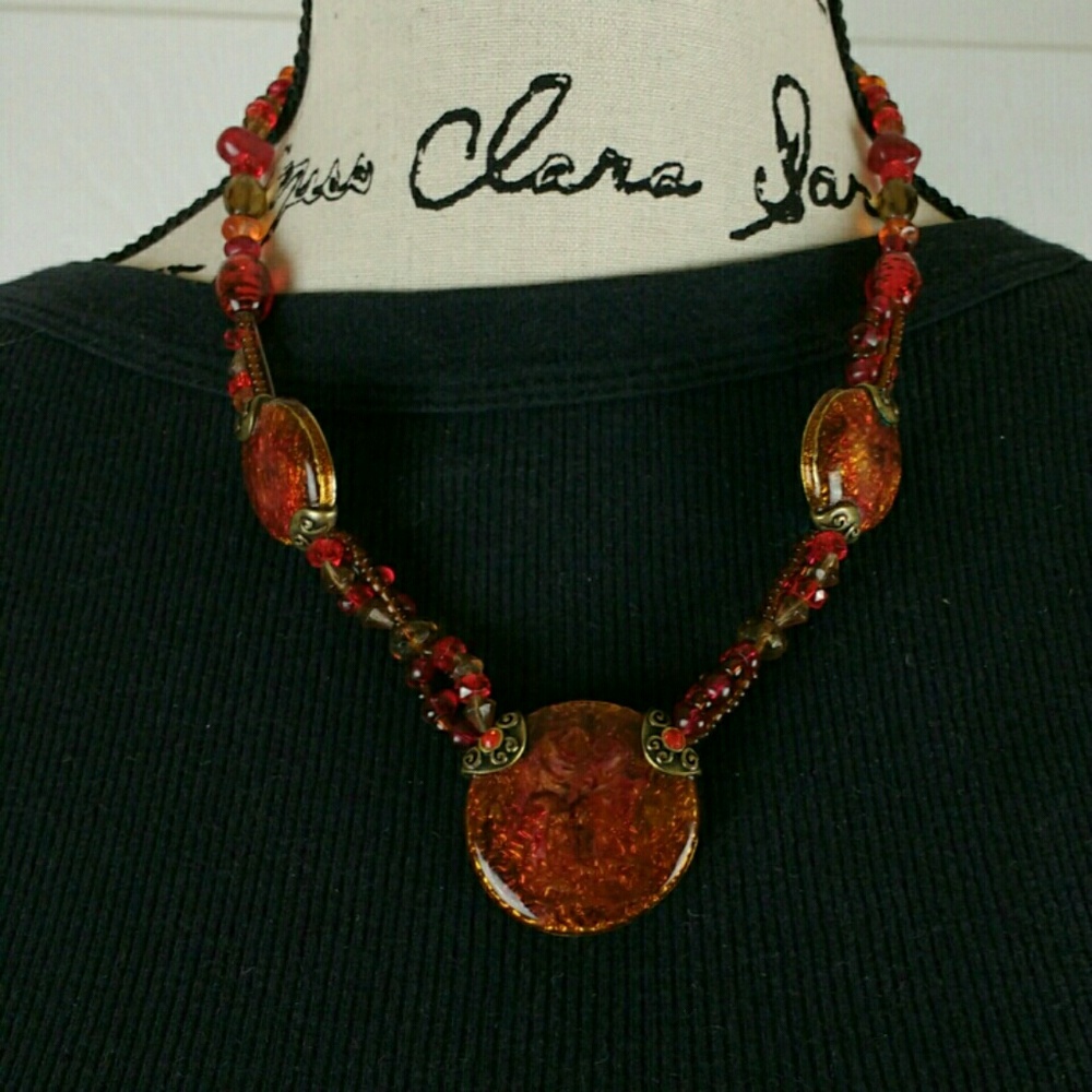 Chico's red & orange beaded necklace, 21" long